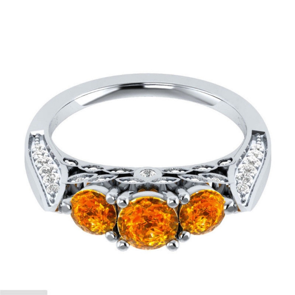 925 Silver Round Cut Citrine Ring Size 10 - Picture 4 of 4